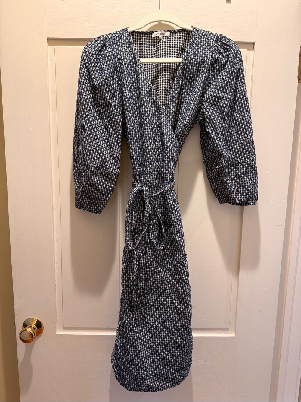 Madewell Navy and White Printed Midi Wrap Dress with Puff Sleeves